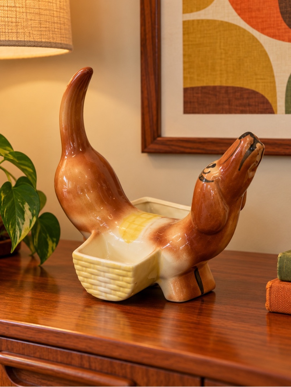 Vintage MCM Dachshund Weenie Dog Ceramic Double Basket Planter Valet EUC